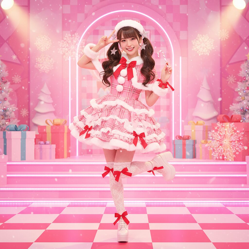 ポップなクリスマスセットのステージで、アイドルらしいポーズを決める日本人女性。フリルとリボンが特徴的なピンクのチェック柄サンタコスチュームを着用しており、甘く元気な雰囲気が伝わるガーリーな全身写真。