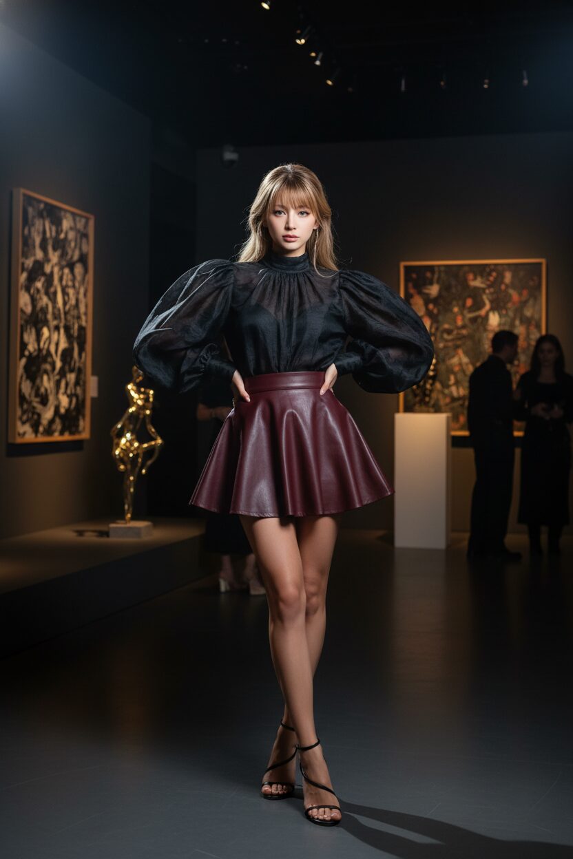 ボリュームのある袖が特徴的な黒のオーガンザブラウスに、バーガンディ色の立体的なフェイクレザーミニスカートを合わせたエレガントな女性。薄暗くシックなギャラリーで、華奢なハイヒールを履いてポーズをとっている、ドラマチックな雰囲気のファッション写真。