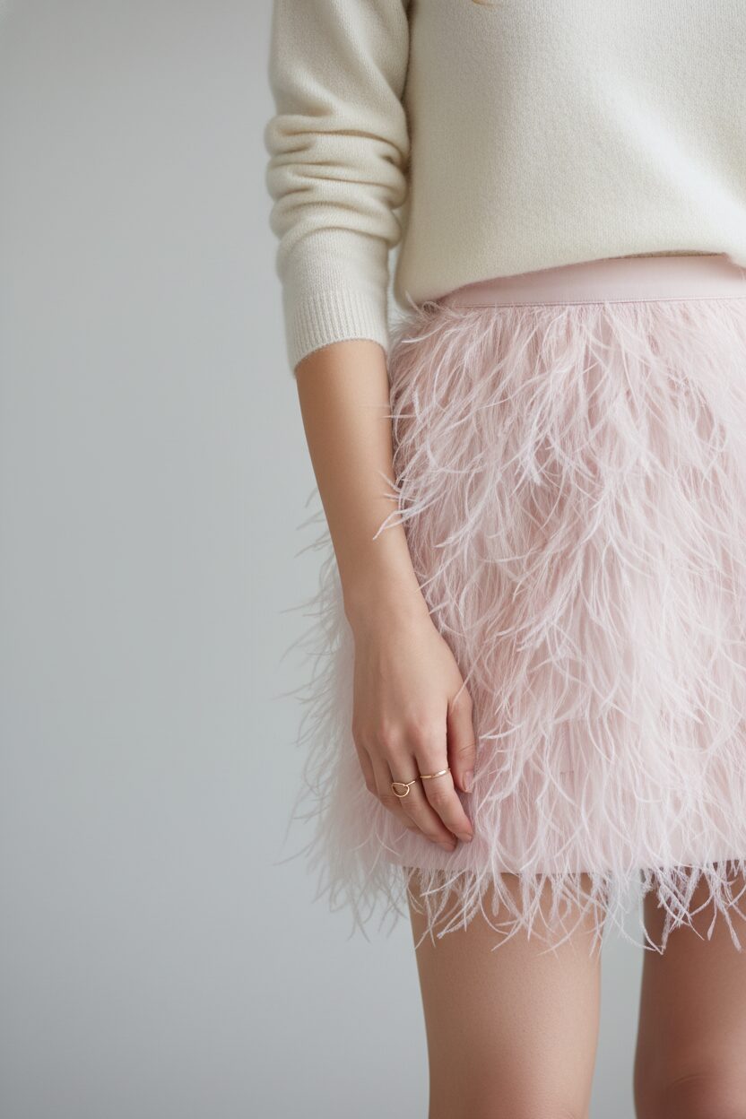 クリーム色のカシミアセーターと、淡いピンク色の羽根のような質感が特徴的なミニスカートを合わせた女性のコーディネートのアップ写真。素材の対比が美しく、ゴールドの指輪をつけた手がスカートに添えられている、ファッション雑誌の1ページのようなショット。