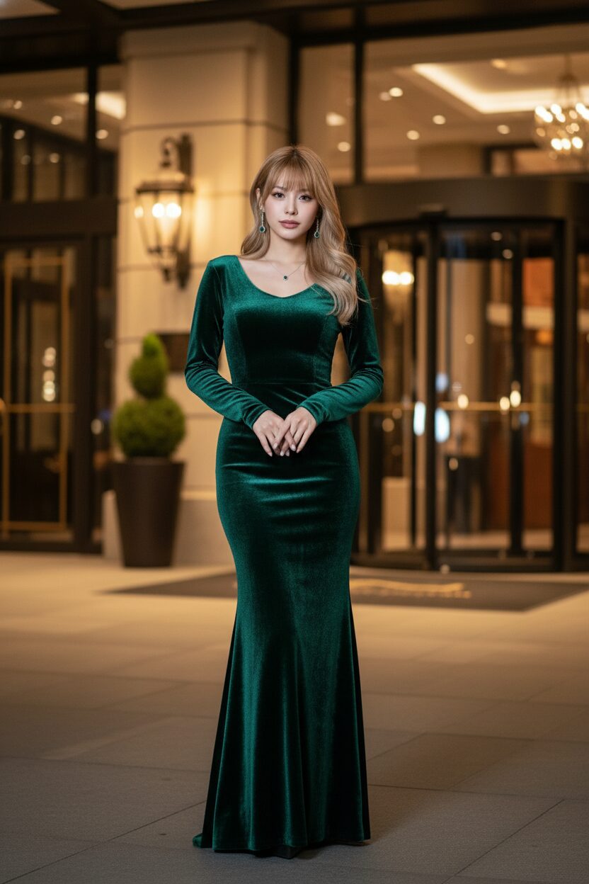 夜の高級ホテルのエントランスで、ダークエメラルドグリーンのベルベット素材のマーメイドドレスを着た日本人女性の全身ショット。ドレスは体にフィットし美しい曲線を強調している。