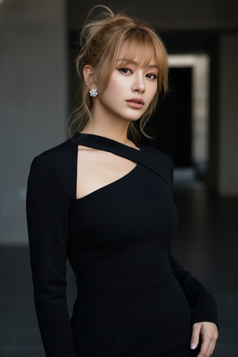 黒の長袖ドレスのクローズアップ。肩と鎖骨部分にアシンメトリーなカットアウトが施されている。マットで滑らかな生地。洗練されたメイクとダイヤモンドのイヤリングを身につけた日本人モデル。