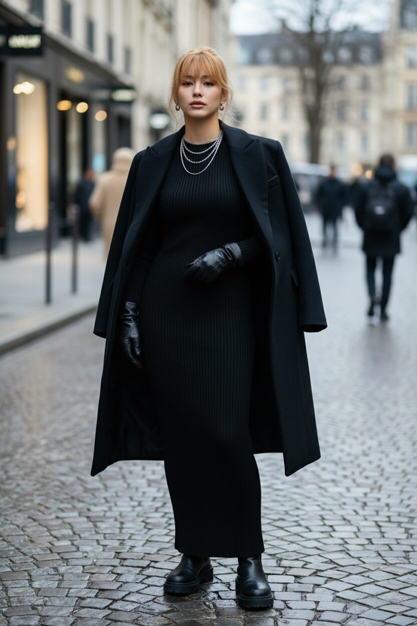 全身黒のモノクロコーデをした日本人女性のストリートスナップ。黒のフィットしたマキシドレスに、オーバーサイズの黒いテーラードコートを肩掛けし、レザー手袋をしている。冬の街角。