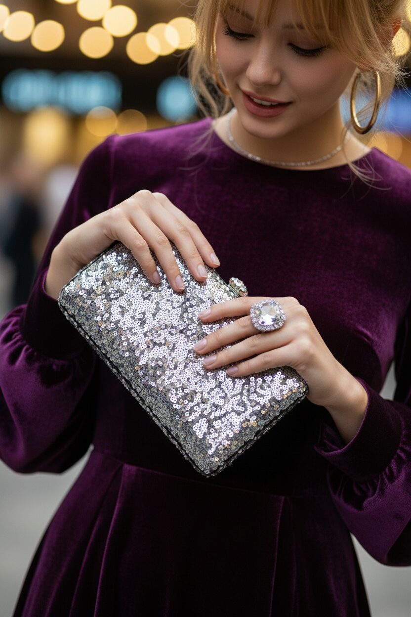 アクセサリーのクローズアップ。ダークパープルのベルベットドレスの質感に対し、きらめくクラッチバッグを持っている。大ぶりのリングが見える。パーティーの雰囲気を感じさせる柔らかなボケ背景。