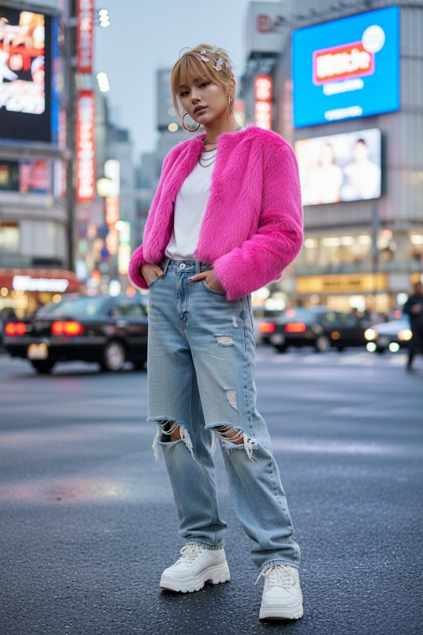 東京・渋谷のネオンが輝く街角で、鮮やかなピンクのショート丈フェイクファージャケットを着こなす10代の少女。インナーは白Tシャツ、ボトムスはダメージ加工のバギージーンズ、足元は厚底のスニーカーで、トレンド感あふれるストリートスタイルを披露している。