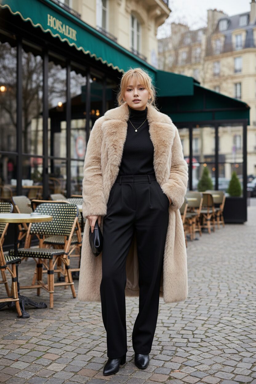 パリのクラシックなカフェの前で、上品なベージュのロングフェイクファーコートを纏い、優雅に佇む若い女性。黒のタートルネックとワイドパンツを合わせ、洗練された大人の冬コーデを表現している。柔らかな自然光が、コートの豊かな質感を際立たせている。