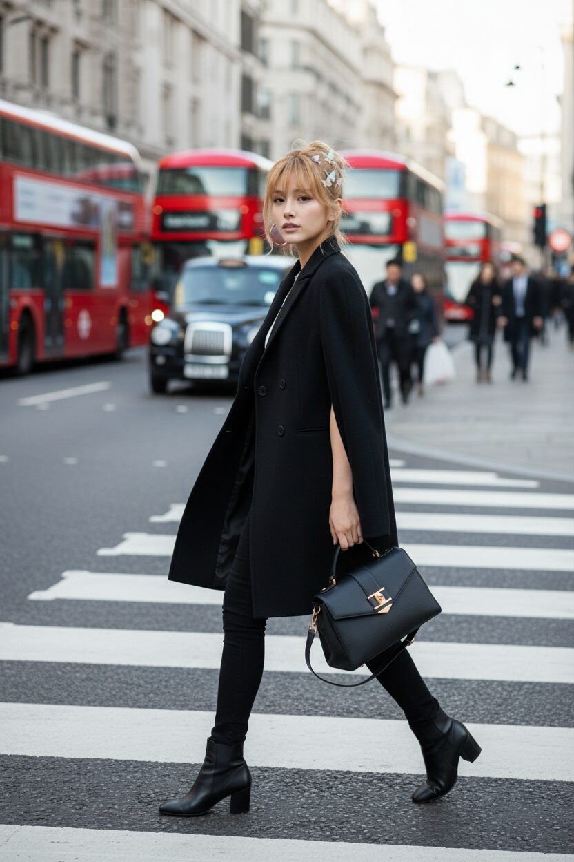 ロンドンの有名な横断歩道を渡る、シックな黒のケープコートを着たおしゃれな女性。ミドル丈のケープが洗練されたシルエットを描き、背景にはロンドン名物の赤い二階建てバスが見える。スキニージーンズとレザーブーツを合わせ、都会的で動きのあるワンシーン。