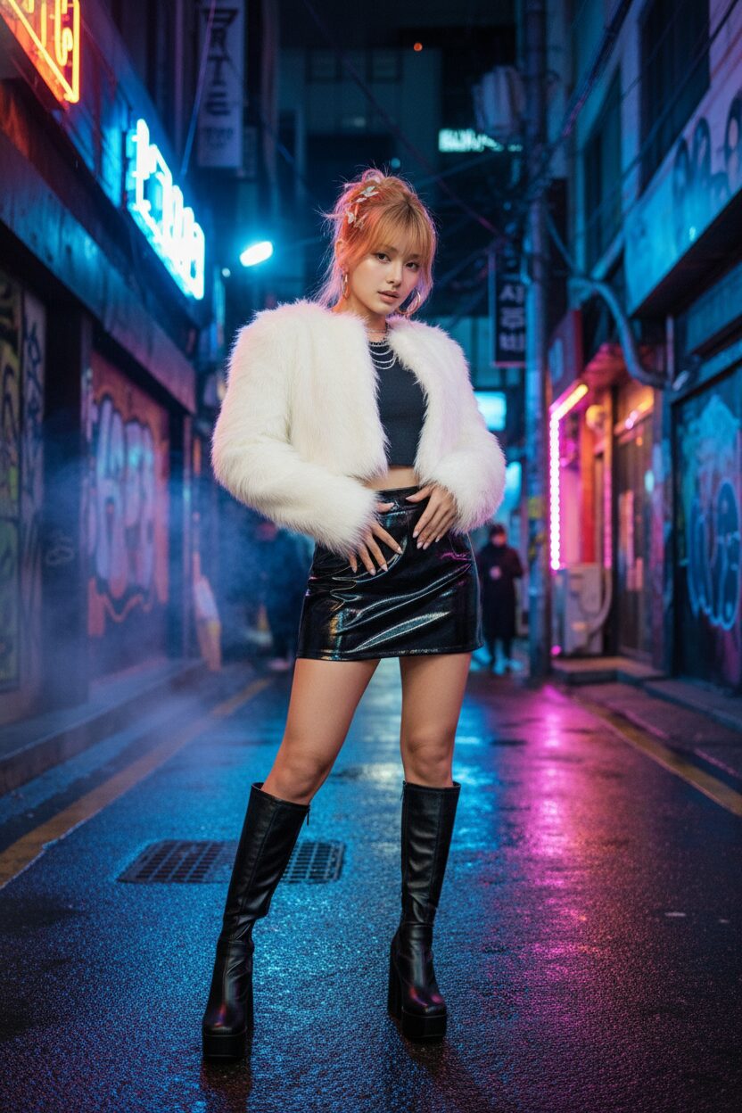 夜のソウルのネオンきらめく路地裏で、Y2Kトレンドを体現する少女がポーズをとっている。クロップド丈の白いフェイクファージャケットに黒のミニスカート、そして膝丈のロングブーツを合わせ、自信に満ちた表情を見せている。