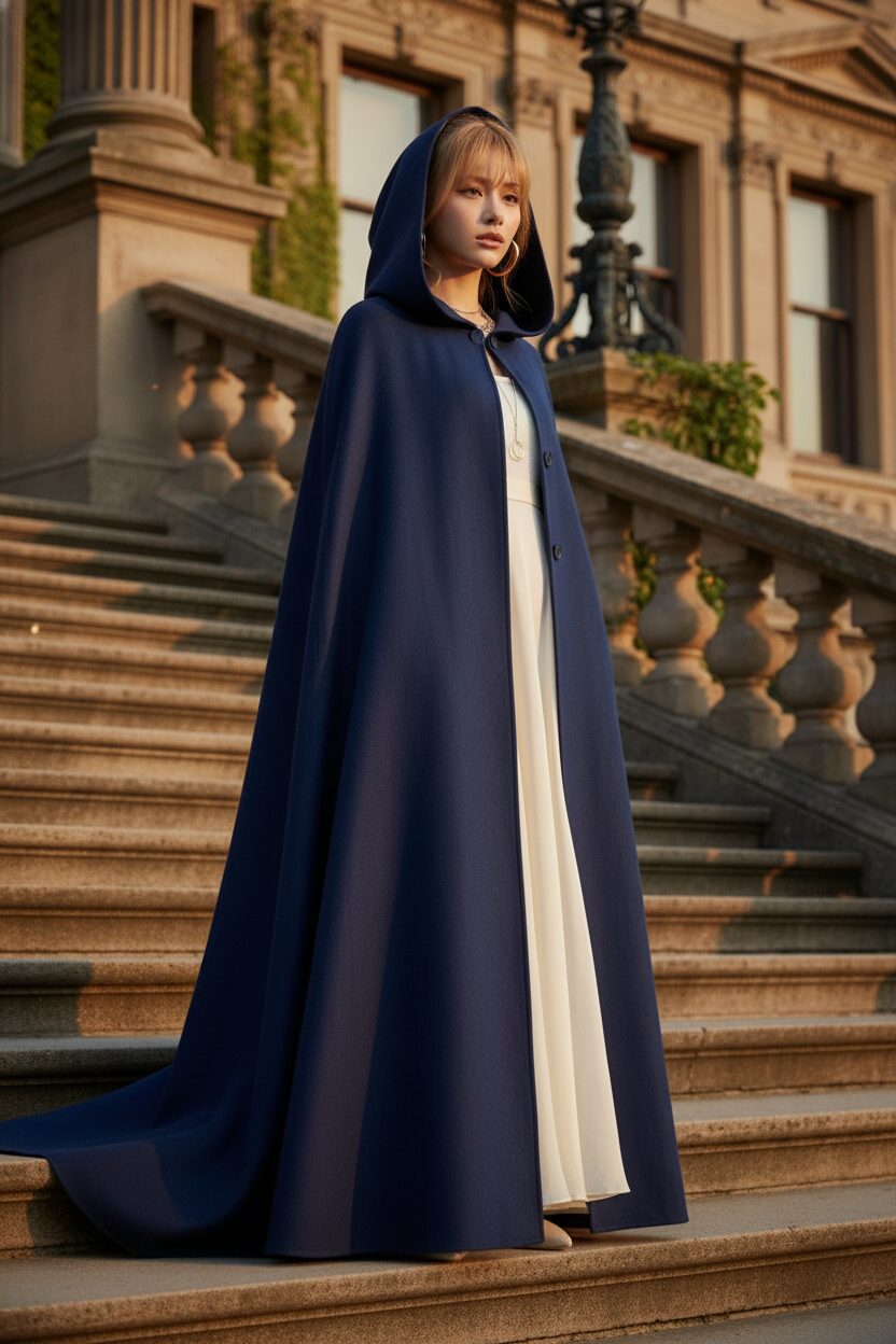 夕暮れの光が差す、荘厳な図書館の階段に立つ若い女性。床まで届くドラマチックなフード付きのネイビーブルーのロングケープを羽織り、ミステリアスでロマンチックな雰囲気を醸し出している。中にはクリーム色のシンプルなドレスを着ている。