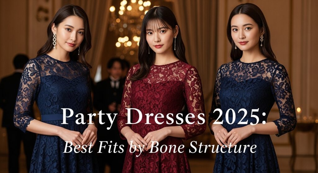 華やかなパーティー会場で、それぞれの骨格タイプに合ったドレスを美しく着こなす3人の日本人女性