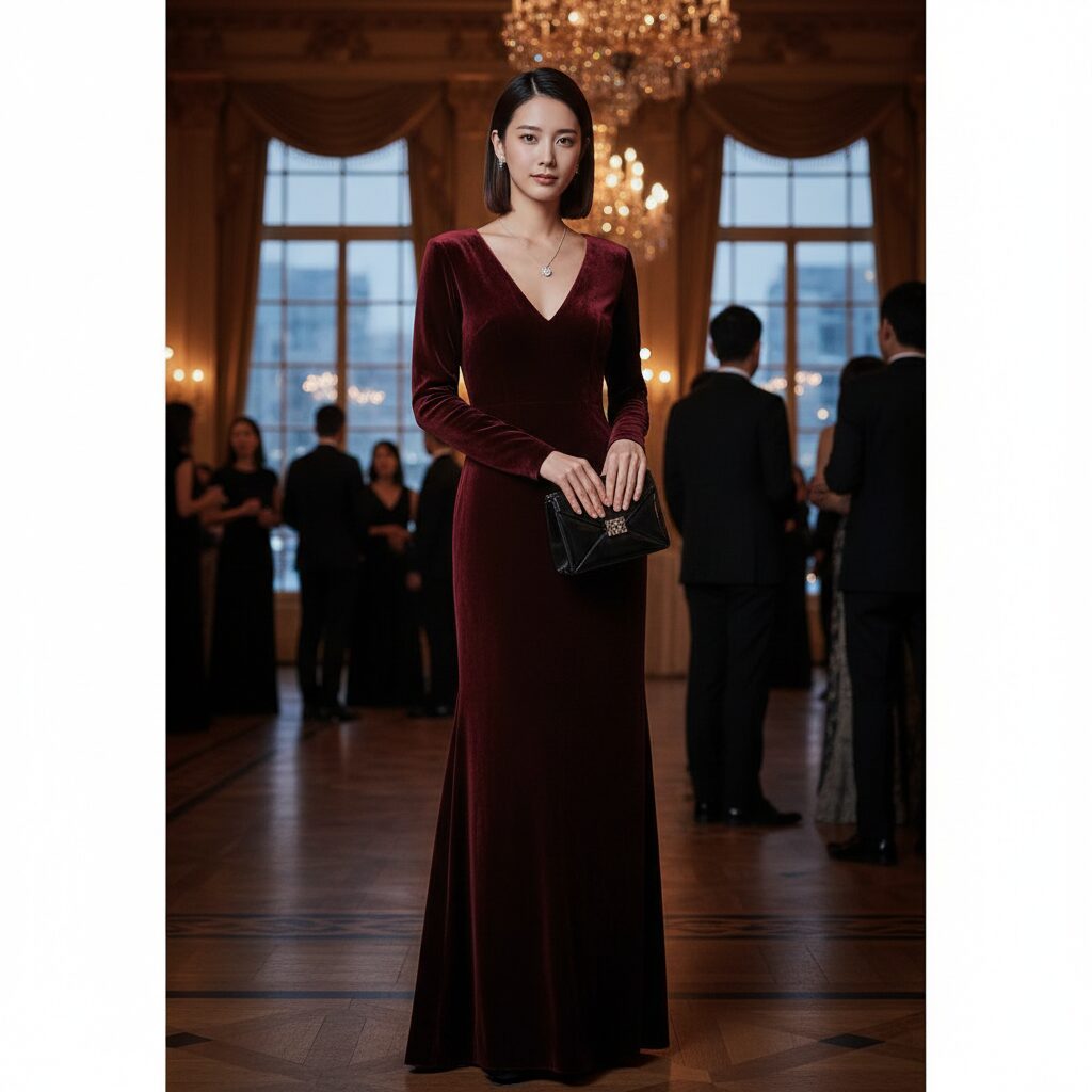 骨格ストレートタイプの日本人女性が、高級感のある冬のパーティー会場にいる全身ショット。深みのあるバーガンディ色のベルベット素材のIラインドレスを着用しており、鋭角なVネックと長袖が特徴。シンプルなダイヤモンドのネックレス、艶のあるストレートヘア、カッチリとしたクラッチバッグを持っている。上品でハイクラスな雰囲気。