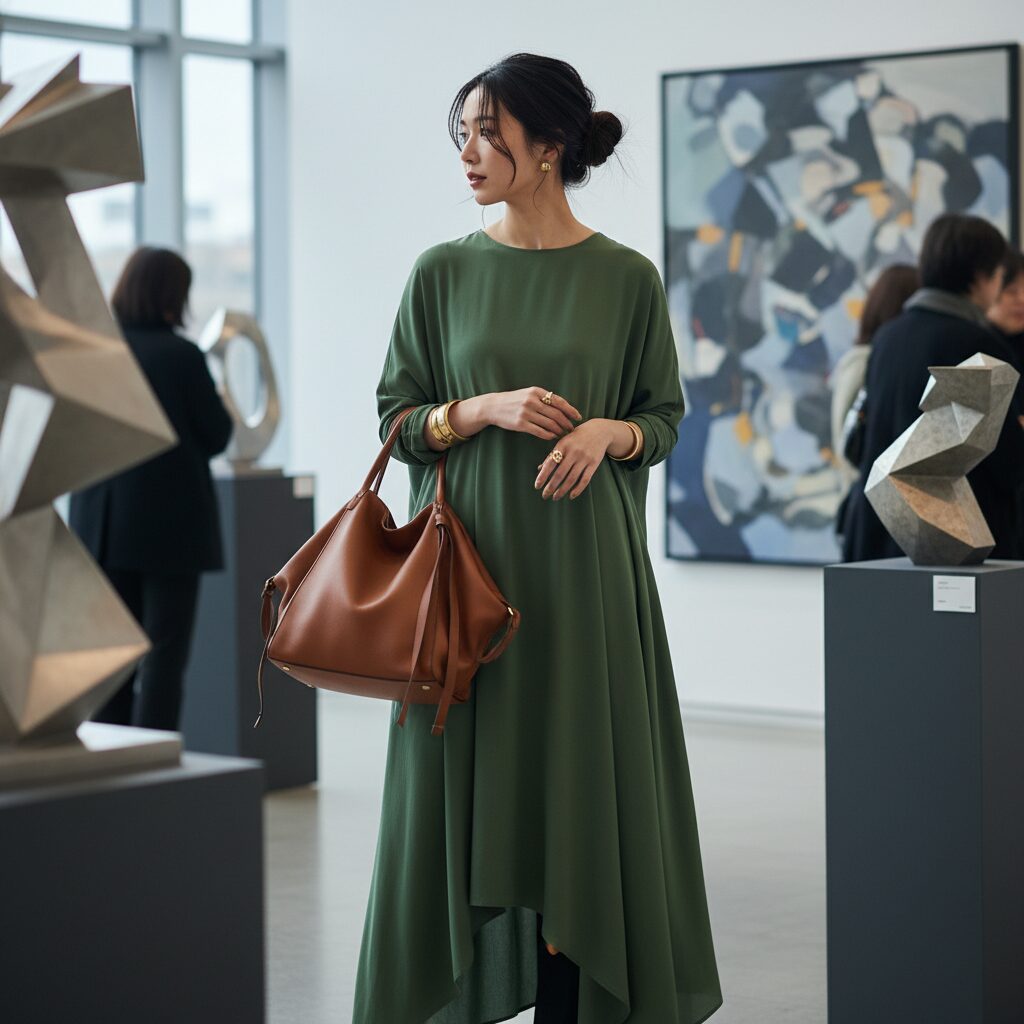 骨格ナチュラルタイプの日本人女性が、スタイリッシュな冬のアートイベント会場にいる全身ショット。モスグリーンのアシンメトリーなマキシ丈ドレスを着用しており、ゆったりとしたシルエット。素材はマットで少し凹凸のあるクレープ生地。大ぶりのゴールドバングル、無造作なお団子ヘア、個性的なレザーバッグを持っている。モードでエフォートレスな雰囲気。