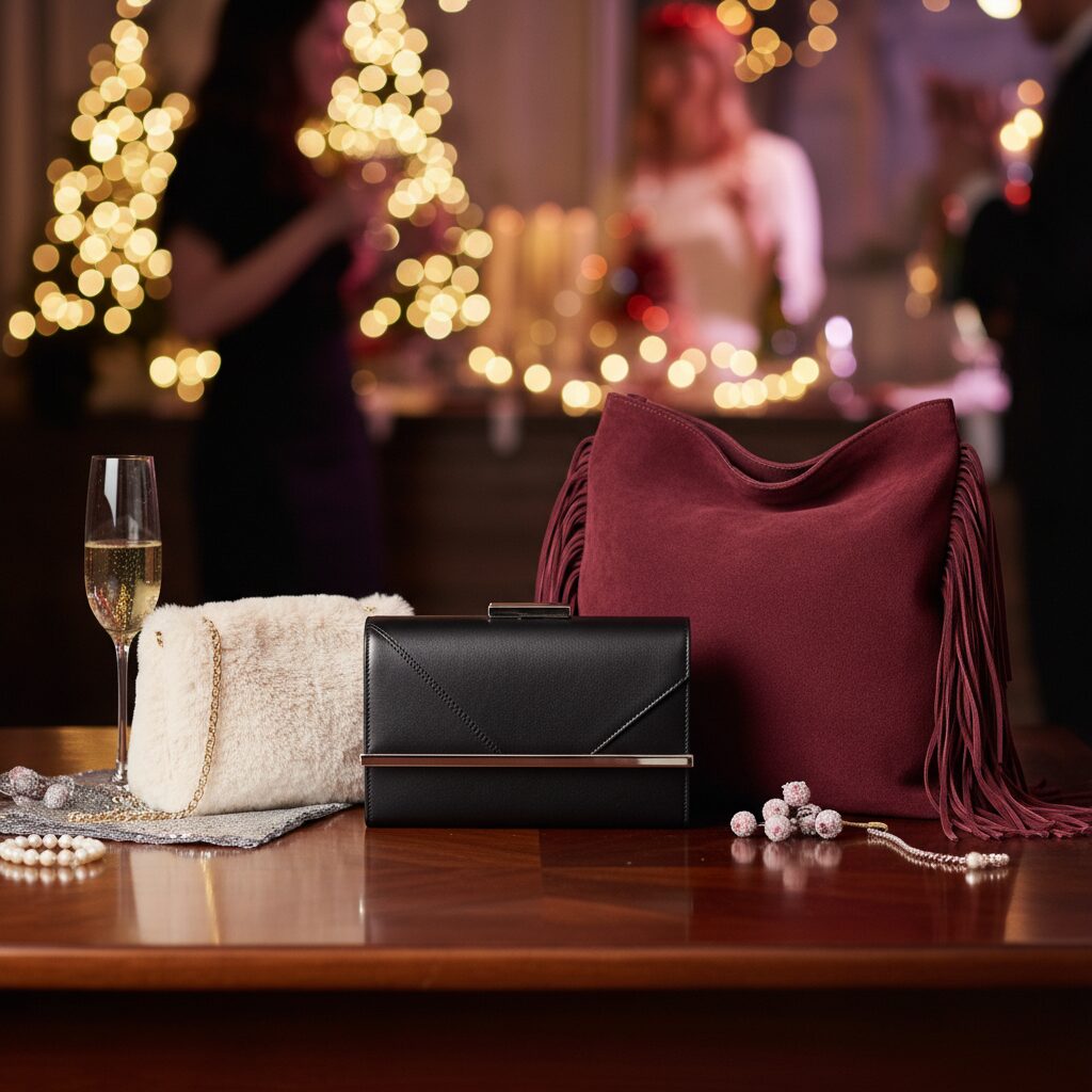 冬のパーティー用アクセサリーがテーブルに置かれているクローズアップ詳細ショット。骨格ストレート向けのあえて装飾の少ないレザーのクラッチバッグ、ウェーブ向けのチェーン付きの小さなファーバッグ、ナチュラル向けのフリンジ付きの大きめなバッグ。エレガントな照明、背景はぼやけたパーティー会場。
