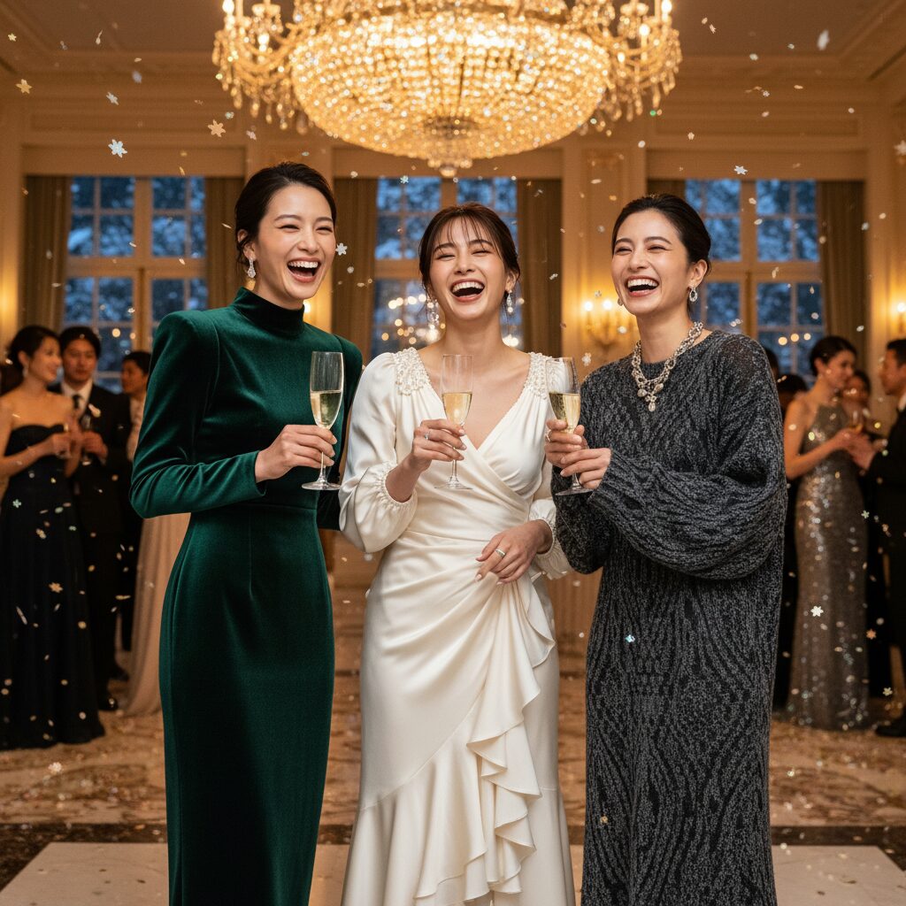 冬のガラパーティーで、骨格ストレート、ウェーブ、ナチュラルのそれぞれのタイプを代表する3人の日本人女性が一緒に立っている様子。それぞれが2025年のトレンドを取り入れた完璧なドレスを着ている。シャンパングラスを持って談笑している。温かみのある華やかな照明、頭上にはシャンデリア。