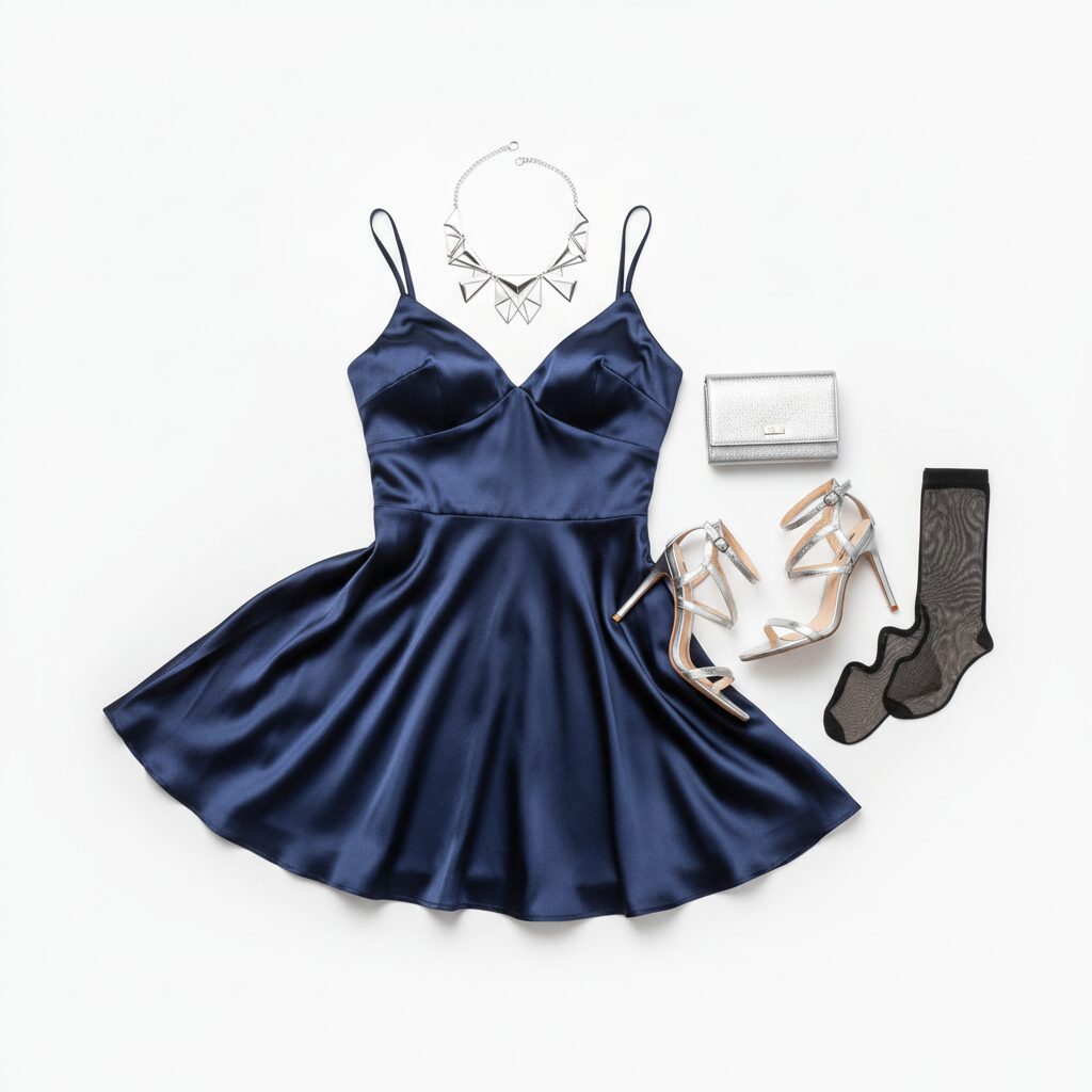 冬のパーティーコーディネートの置き画(レイフラット)。ネイビーのサテンドレス、シルバーのストラップヒール、幾何学的なシルバーのネックレス。清潔感のある白い背景、ハイファッションの編集スタイル。