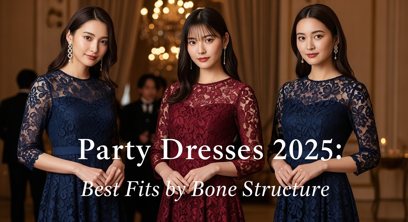 華やかなパーティー会場で、それぞれの骨格タイプに合ったドレスを美しく着こなす3人の日本人女性