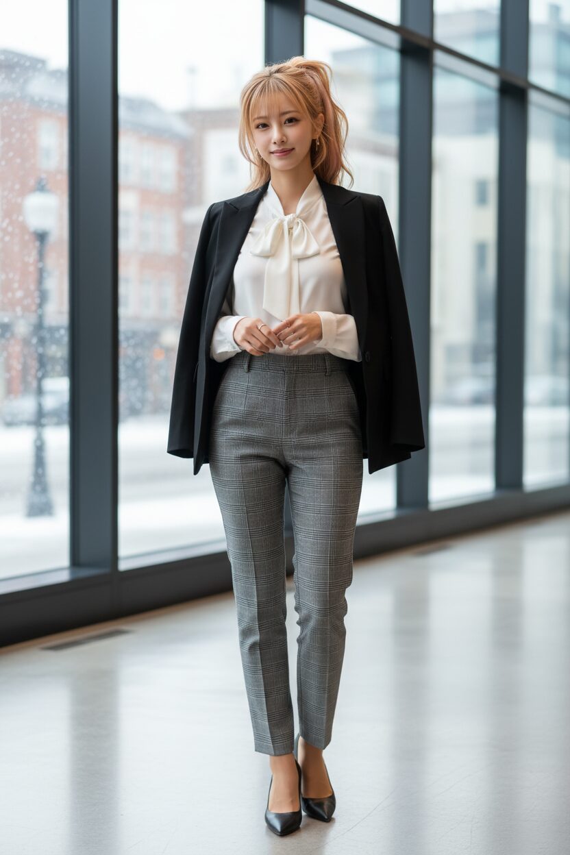 モダンなオフィスのロビーでポーズをとる30代前半の日本人女性。2025年冬のオフィスカジュアルとして、白いボウタイブラウスにグレーのグレンチェック柄テーパードパンツを合わせ、肩には黒のジャケットを羽織っている。窓の外には雪景色が広がる、プロのファッション写真のような一枚。