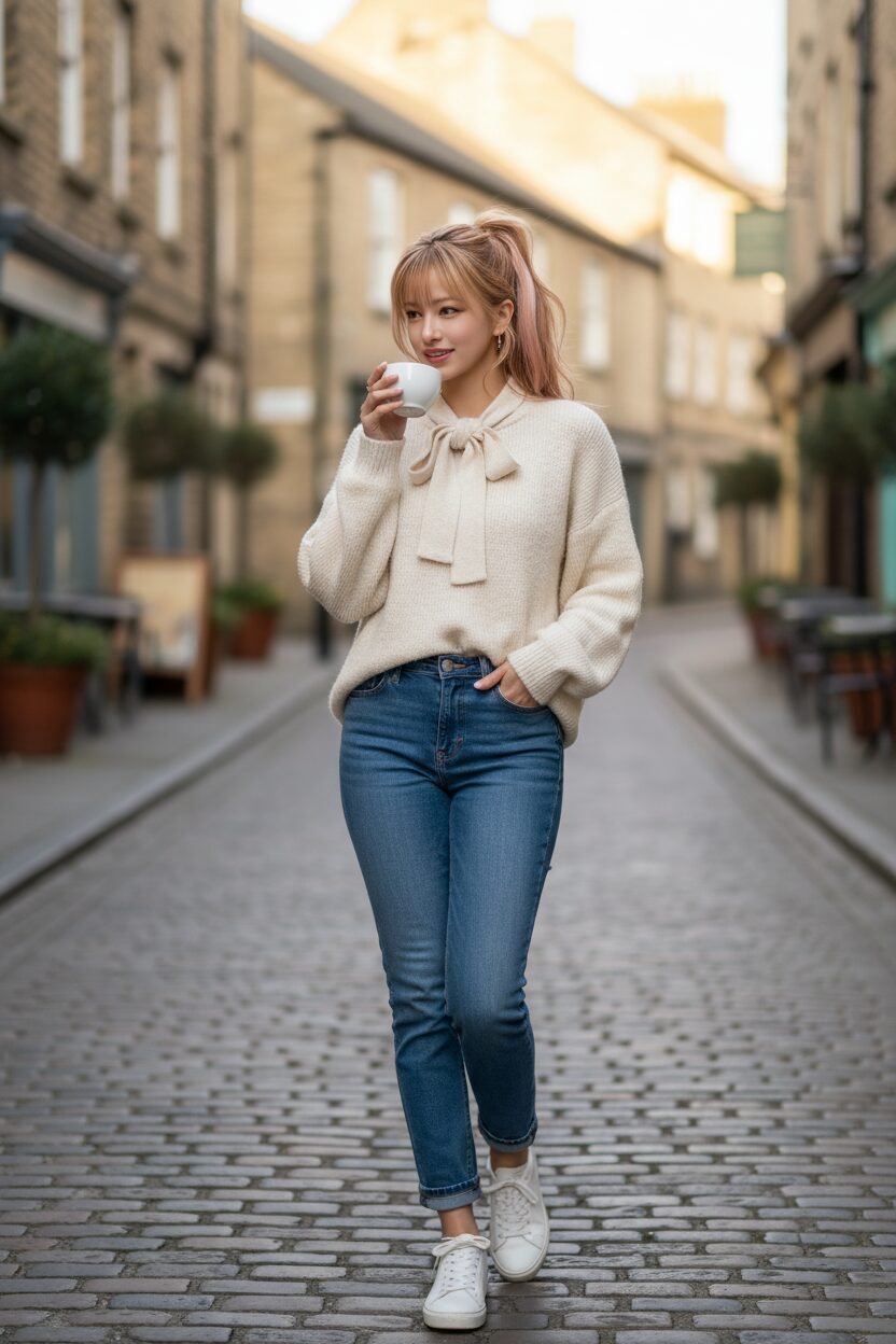 ヨーロッパの石畳の通りでコーヒーを片手に微笑む20代後半のおしゃれな女性。首元に大きなリボンディテールが付いたざっくりしたクリーム色のニットに、ストレートデニムと白スニーカーを合わせた、リラックス感のある休日のカジュアルコーディネート。