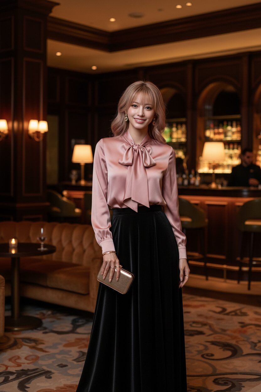 高級ホテルのバーで、優雅に佇む30代女性の全身写真。光沢のあるダスティローズのサテンボウタイブラウスに、黒いベルベットのロングスカートを合わせた、華やかで洗練されたオケージョンスタイル。