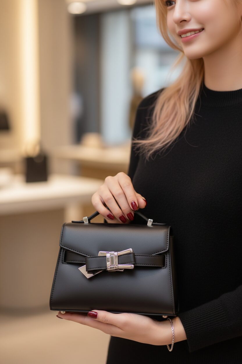 黒いカシミアセーターを着た女性の手元にフォーカスしたクローズアップ写真。リボン型のクラスプが特徴的な、シックなレザーハンドバッグを上品に持っている。アクセサリーでトレンドを取り入れた、さりげなくおしゃれな様子が伝わる。