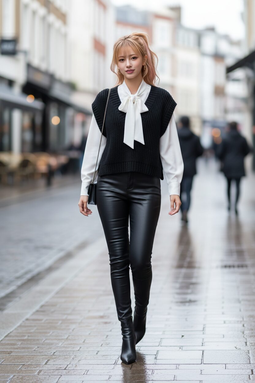 都会の雑踏を颯爽と歩く、モードな雰囲気の女性の全身ストリートスナップ。白いボウタイブラウスの上に黒のVネックニットベストを重ね着し、細身のフェイクレザーパンツを合わせた、トレンド感あふれるレイヤードスタイル。