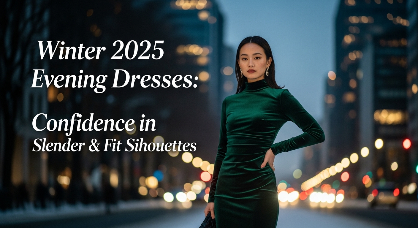 2025年冬の夜、街のイルミネーションを背景に、ダークグリーンのベルベット素材のフィットドレスを着て自信に満ちた表情で立つ日本人女性