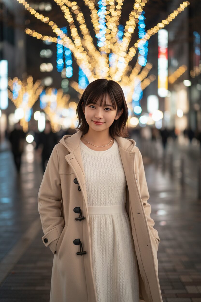 冬の夜、イルミネーションが輝く街を背景に、白いニットワンピースとベージュのダッフルコートを着て柔らかく微笑む10代の日本人女性。背景の光が玉ボケになっていて幻想的な雰囲気の写真。