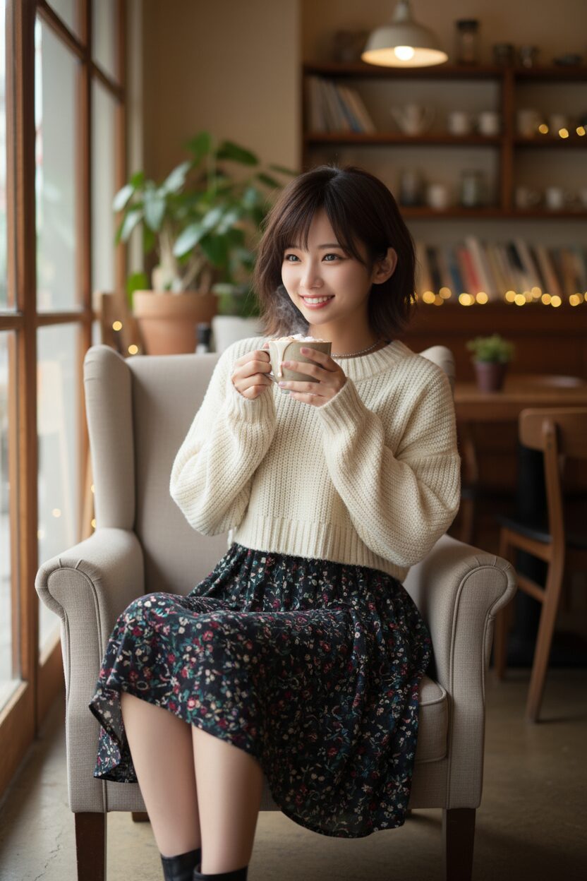おしゃれなカフェの席で、ダークカラーの小花柄ロングワンピースにアイボリーのクロップド丈ニットを重ね着した10代の女の子が、ココアの入ったマグカップを両手で持っている。暖色系の照明が心地よい雰囲気の写真。