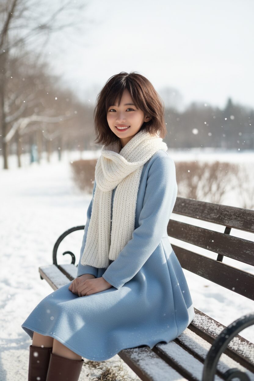 雪がうっすらと積もった冬の公園のベンチに、ライトブルーのAラインワンピースと白いマフラーを巻いて座っている10代の女の子が、優しく微笑んでいる。明るく柔らかな光が印象的な写真。