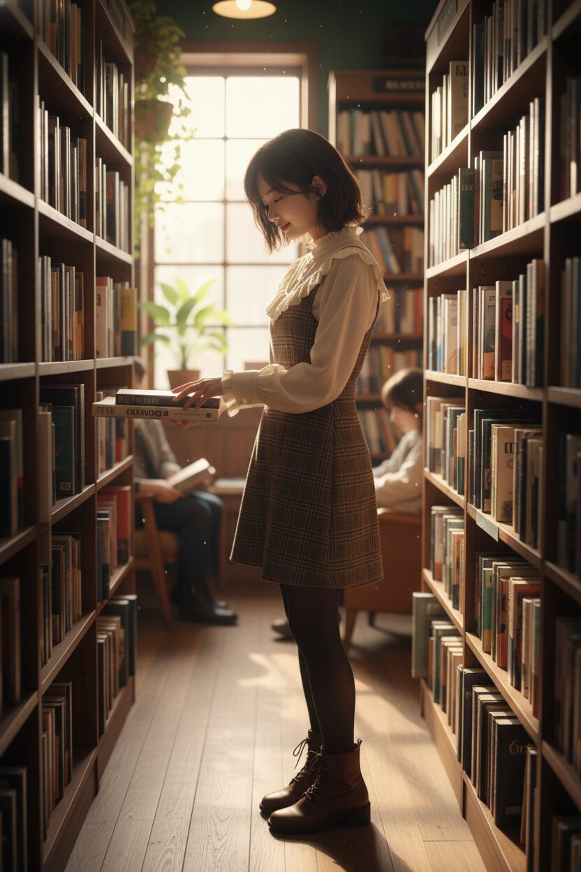暖かみのある照明がおしゃれな本屋で、フリル付きのハイネックブラウスにブラウン系のチェック柄ジャンパースカートを合わせた10代の日本人女性が、真剣な表情で本を選んでいる様子。