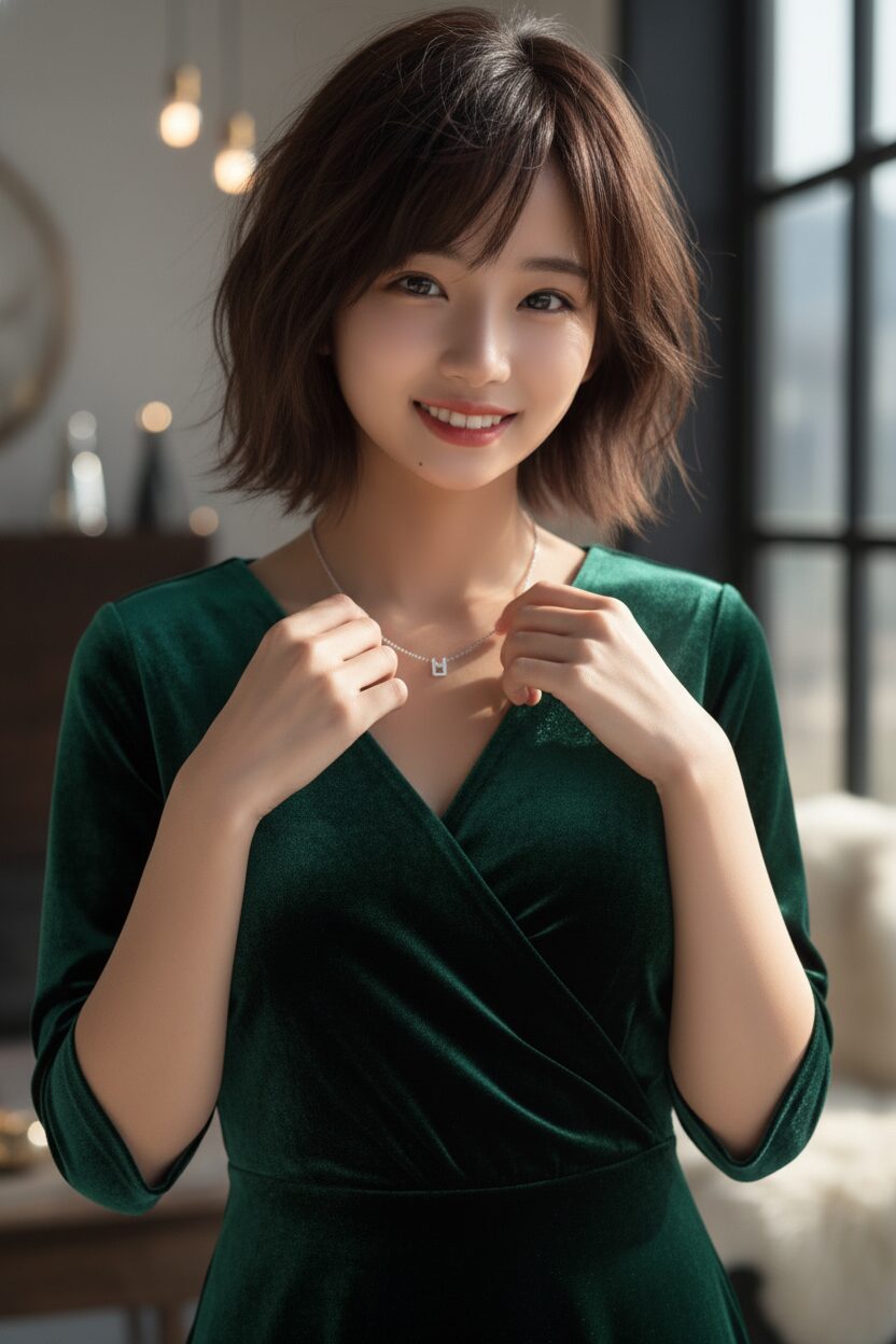 冬のワンピースコーデのディテールに焦点を当てたクローズアップ写真。ダークグリーンのベロア素材のワンピースを着た10代の女の子が、シルバーの華奢なネックレスを直している。ワンピースの素材感とアクセサリーの繊細さが際立つ一枚。