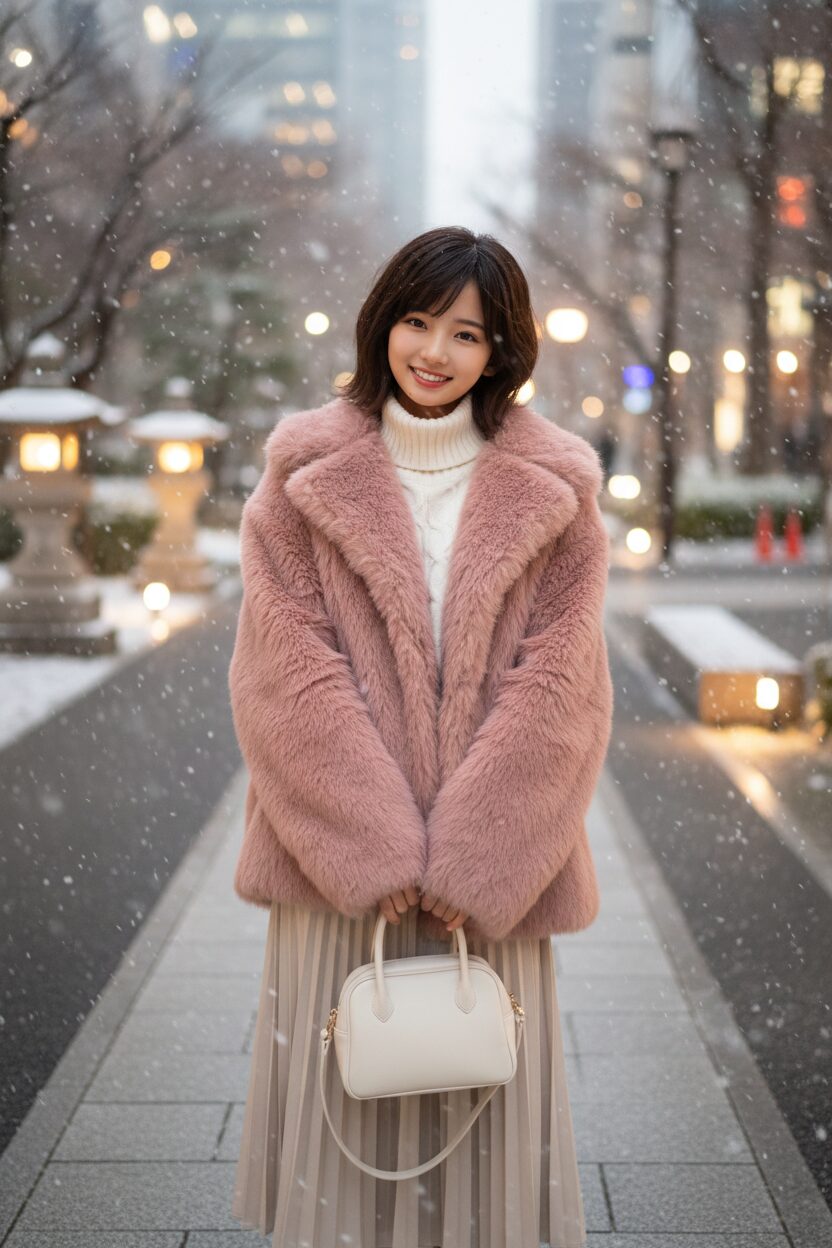雪が舞う日本のイルミネーションが綺麗な公園で、ダスティピンクのオーバーサイズボアコートに白のタートルネック、ベージュのプリーツスカートを合わせた10代の日本人女性。白いハンドバッグを持ち、優しく微笑んでいる全身ストリートスナップ風写真。