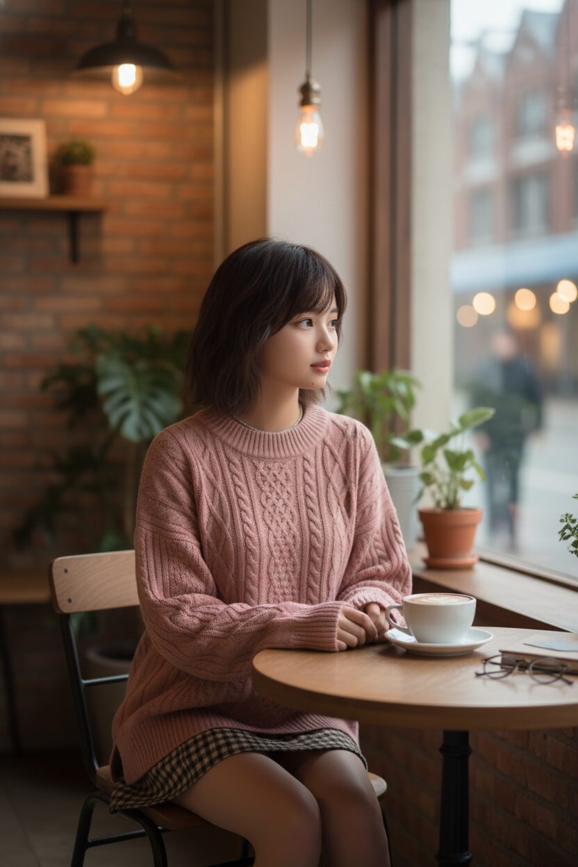 おしゃれなカフェの窓際でラテを片手に外を眺める、10代の日本人女性のミディアムショット。ダスティピンクのケーブルニットとダークブラウンのチェック柄ミニスカートを着用し、柔らかく暖かい雰囲気に包まれている。