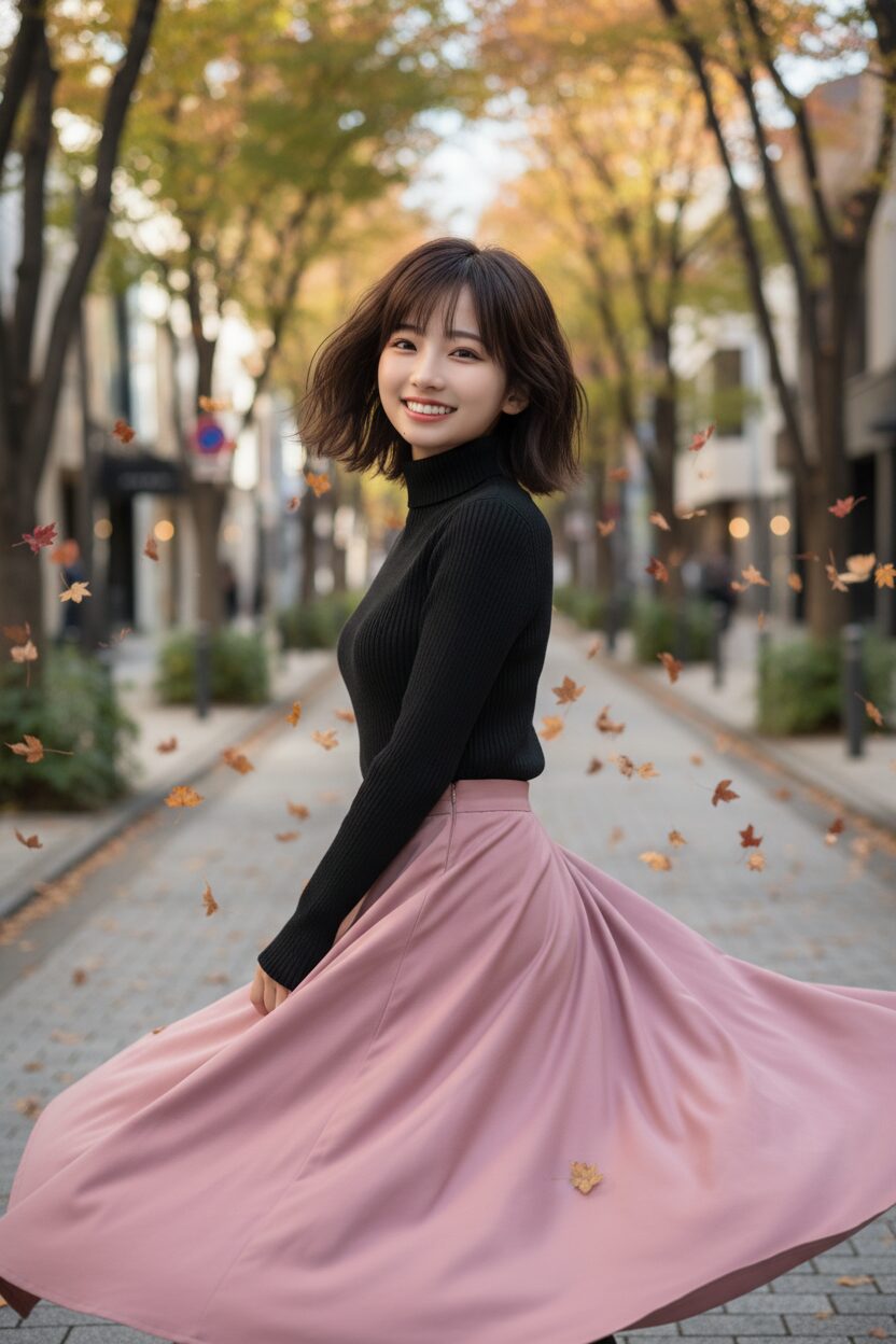 東京・代官山のおしゃれな通りで、黒のリブタートルネックにダスティピンクのロングフレアスカートを合わせて楽しそうにくるりと回る、10代の日本人女性。動きのある、喜びに満ちた瞬間を捉えたストリートスナップ。