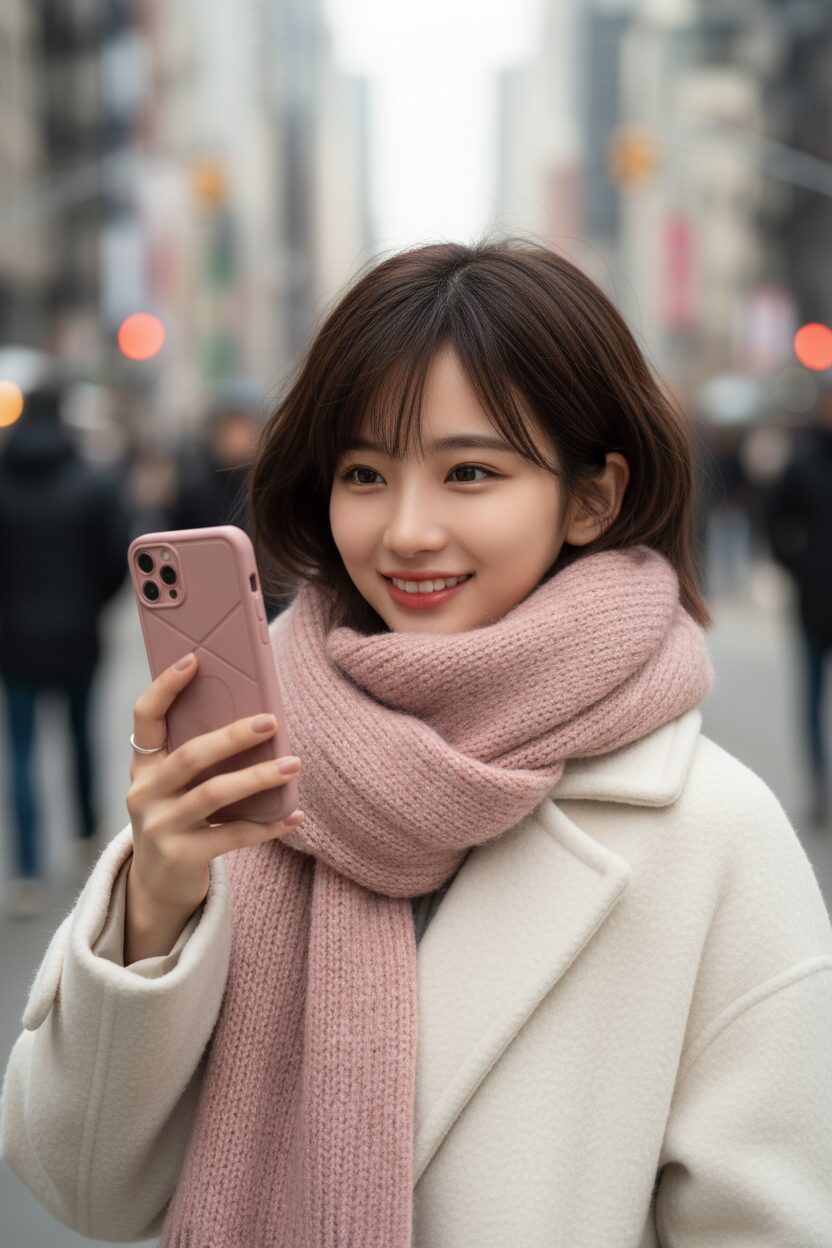 クリーム色のウールコートを着た10代女性のファッションディテールに焦点を当てたクローズアップ写真。首元にはダスティピンクのチャンキーマフラーが巻かれ、手にはお揃いの色のスマホケースを持ったスマートフォンを持っている。背景の都会の喧騒は柔らかくぼかされている。