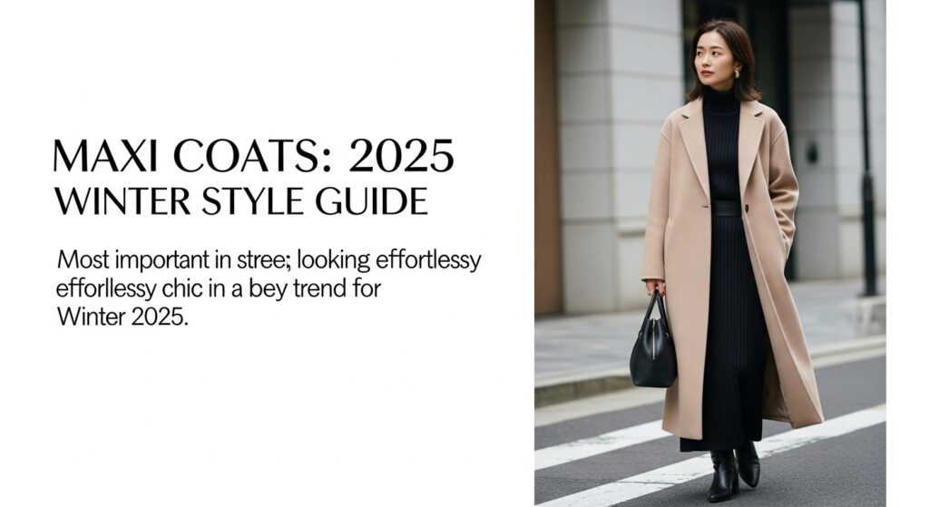 2025年冬のトレンドであるベージュのマキシ丈コートを颯爽と着こなす日本人女性のストリートスナップ