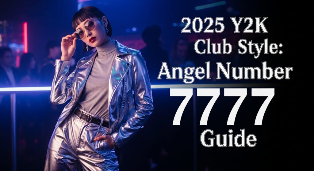 ネオンライトが輝くクラブで、シルバーのメタリックなY2Kファッションに身を包み、自信満々にポーズをとる日本人女性