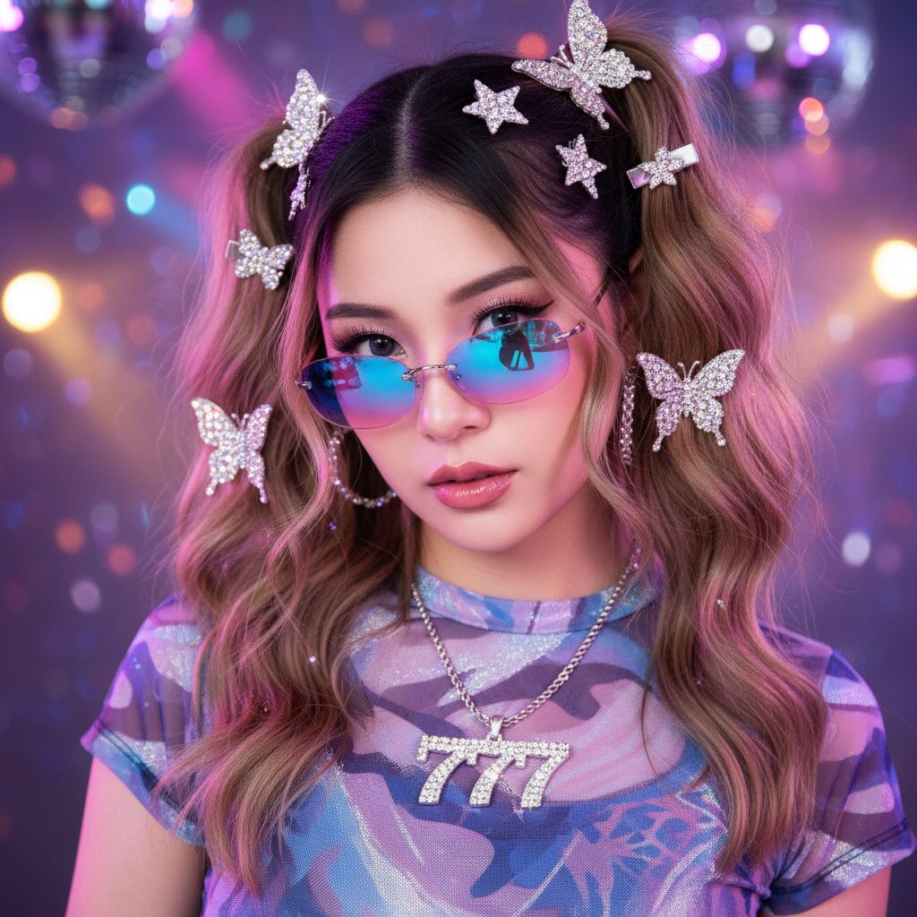 Y2Kスタイルのアクセサリーのアップ。ラインストーンのヘアクリップ、縁なしのカラフルなサングラス、そして「777」モチーフのペンダントネックレスがディスコライトの下で輝いている。