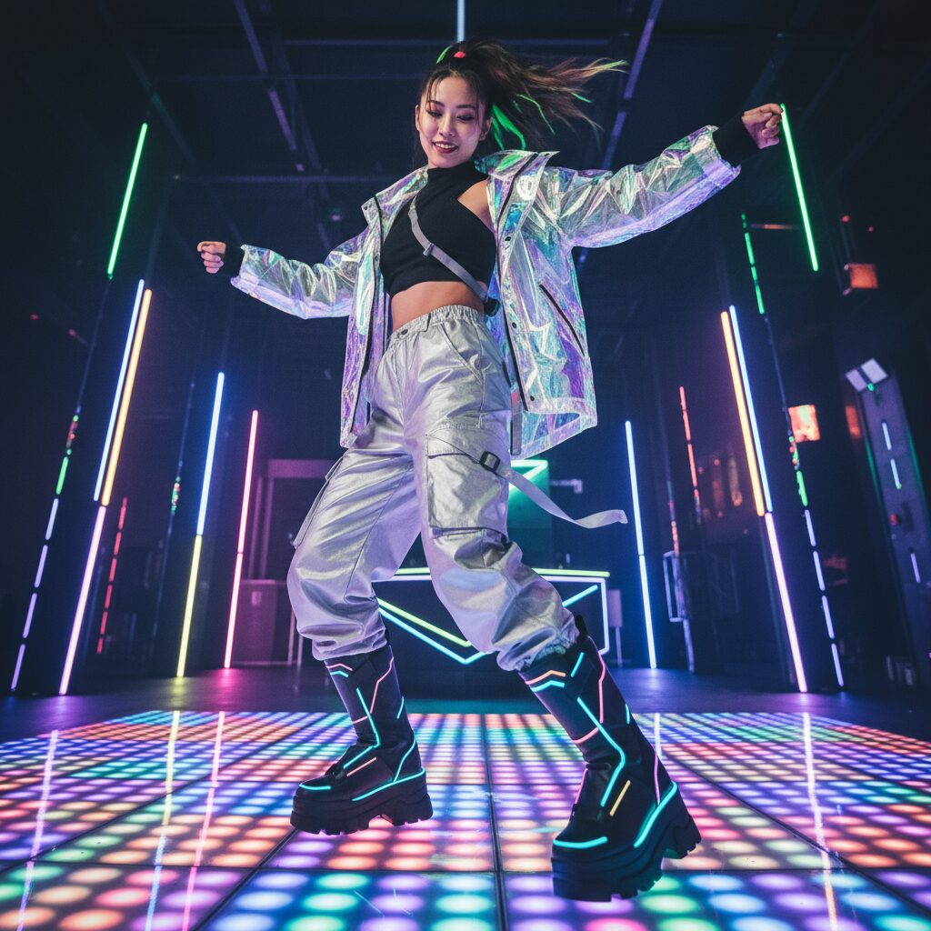 ネオンのアクセントが入った厚底サイバーブーツを履き、カラフルなLEDフロアで踊る日本人女性の足元。動きとクラブのエネルギーを捉えた、下からのダイナミックなアングル。