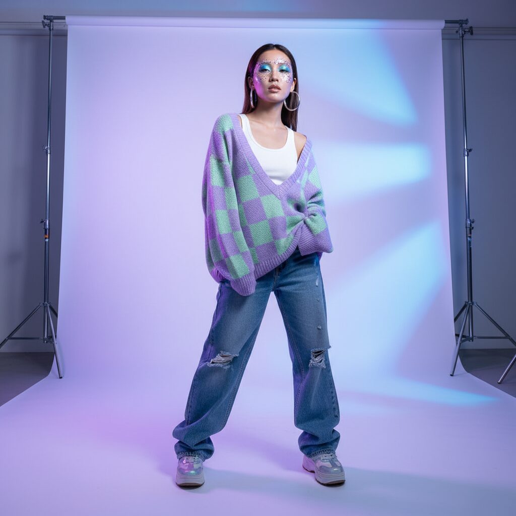 グリッターたっぷりのY2Kメイク、ホログラフィックなアイシャドウ、艶やかなリップをした日本人女性のポートレート。大きなフープピアスをつけ、自信に満ちたクールな表情。