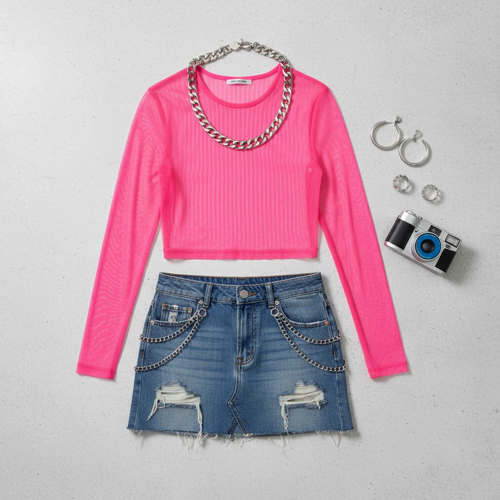 クラブコーデの置き画。ネオンピンクのメッシュトップス、チェーン付きのデニムミニスカート、シルバーアクセサリーが、レトロなデジカメの小道具と共に配置されている。
