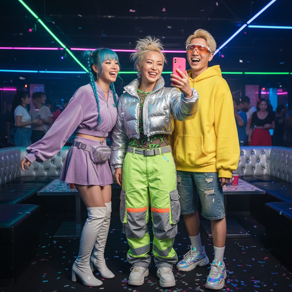 2025年風Y2Kダンスポップ衣装でリンクコーデをした3人の友人グループ。クラブのラウンジエリアで、ガラケーを使って自撮りをしながら笑い合っている。