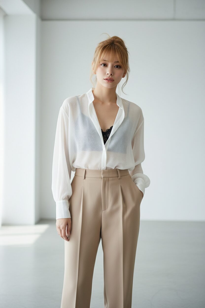 柔らかな自然光が差し込むミニマルなスタジオで、透け感のある白いオーガンザのブラウスから黒いレースのブラレットを覗かせ、ベージュのハイウエストパンツを合わせた20代後半の日本人女性。シックで自信に満ちた表情で正面を向いている全身写真。