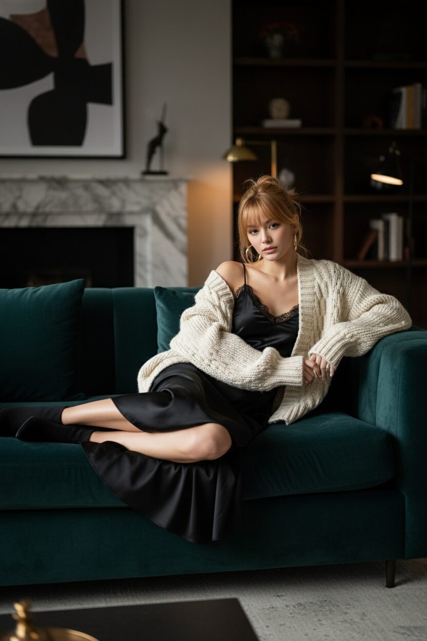 シックなリビングのベルベットソファに優雅に腰掛ける女性。ざっくりとしたクリーム色のニットカーディガンが肩からずり落ち、下に着た黒いサテンのスリップドレスの繊細なレースストラップが見えている。温かみのある照明が、親密で洗練された雰囲気を醸し出している。