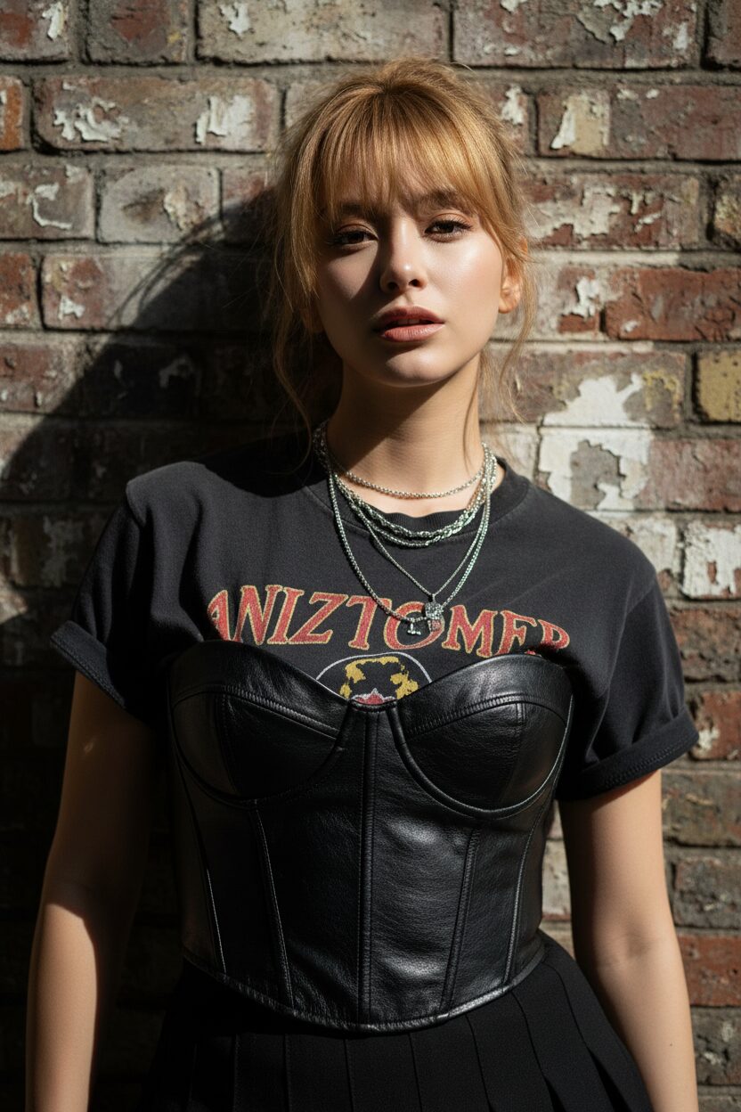 クールでエッジの効いたスタイルの女性のファッションポートレート。色褪せた黒のバンドTシャツの上に、黒いレザーのビスチェを重ね着し、シルバーのネックレスを合わせている。背景はレンガの壁で、力強い陰影のあるドラマチックな照明が、レザーとコットンの質感を際立たせている。