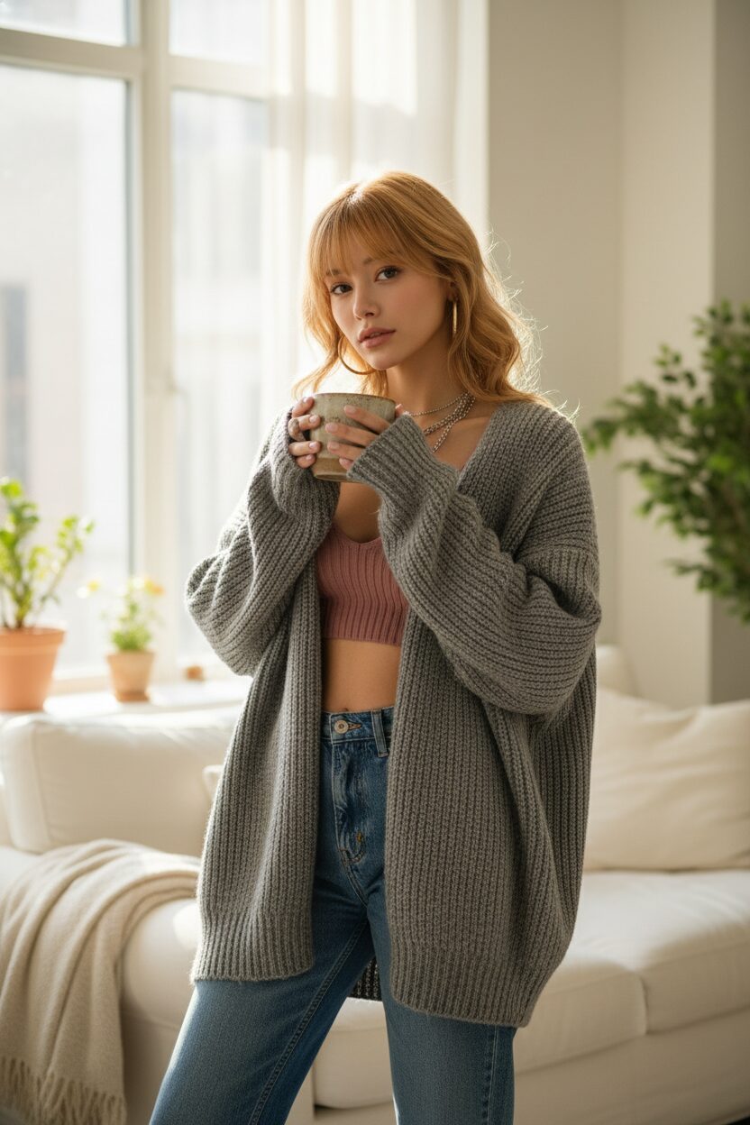 陽の光が降り注ぐ心地よいアパートで、リラックスした週末を過ごす女性の全身写真。柔らかなグレーのカシミアカーディガンを羽織り、その下にはくすみピンクのリブブラレットが覗いている。手にはマグカップを持ち、エフォートレスでシックな着こなしを披露している。