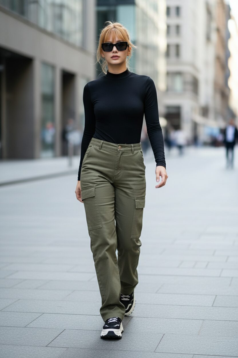 近代的な都市を自信に満ちた足取りで歩く女性のストリートスナップ。体にフィットする黒の長袖ボディスーツに、オリーブグリーンのハイウエストカーゴパンツを合わせている。ローアングルからの撮影が、彼女のパワフルなシルエットを強調している。