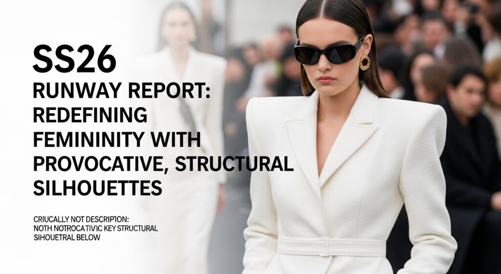 2026年春夏ファッションのトレンドである、肩が強調された構築的な白いジャケットを着こなすモデル。