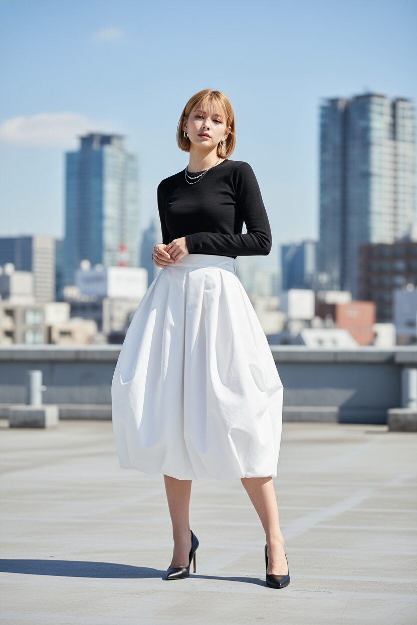 東京の街並みを背景にしたミニマルな屋上でポーズをとる、ショートヘアのおしゃれな日本人女性。ハリのある白いタフタ素材のハイウエスト・バルーンスカートに、タイトな黒の長袖トップスを合わせ、黒のポインテッドトゥヒールでまとめている。スカートの構築的なフォルムが際立つ、明るく開放的な光の中でのショット。