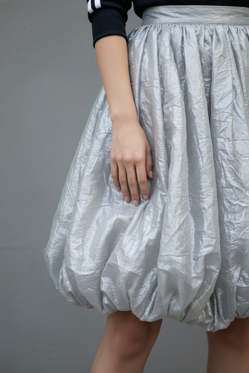 メタリックシルバーのオーガンザ製バルーンスカートの質感を捉えたクローズアップ写真。柔らかい光の下でキラキラと輝く生地に、ナチュラルなネイルをした手がそっと触れている。軽やかでエアリーな素材感が伝わる一枚。