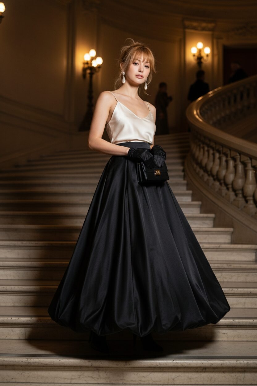 夜のイベントに出席した優雅な女性が、豪華な階段でポーズをとっている。床まで届くドラマチックな黒いサテンのバルーンスカートに、繊細なシルクのキャミソールを合わせ、大ぶりのパールイヤリングで華やかさを添えている。